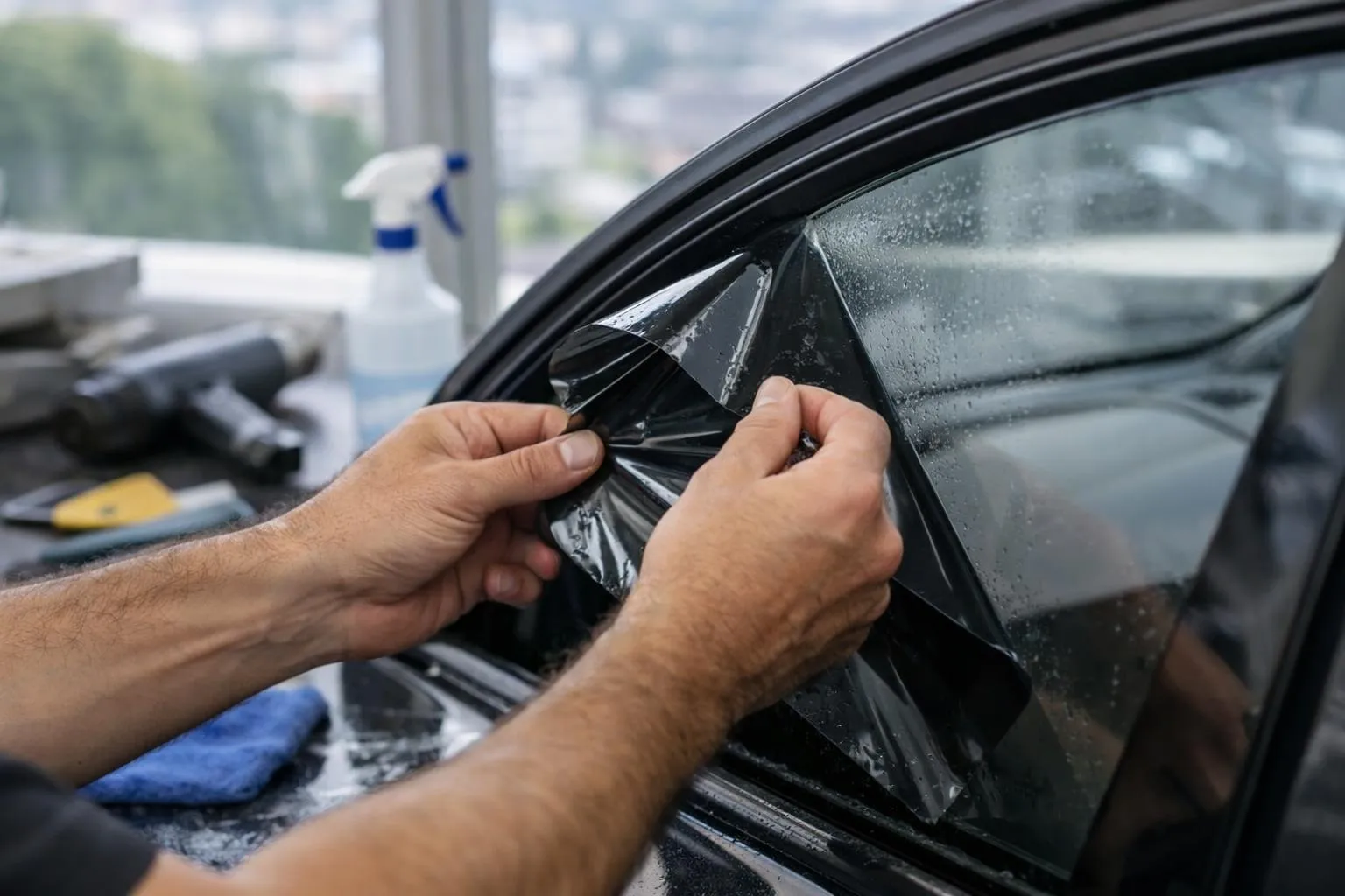 Mains installant un film de protection sur la fenêtre d'une voiture.