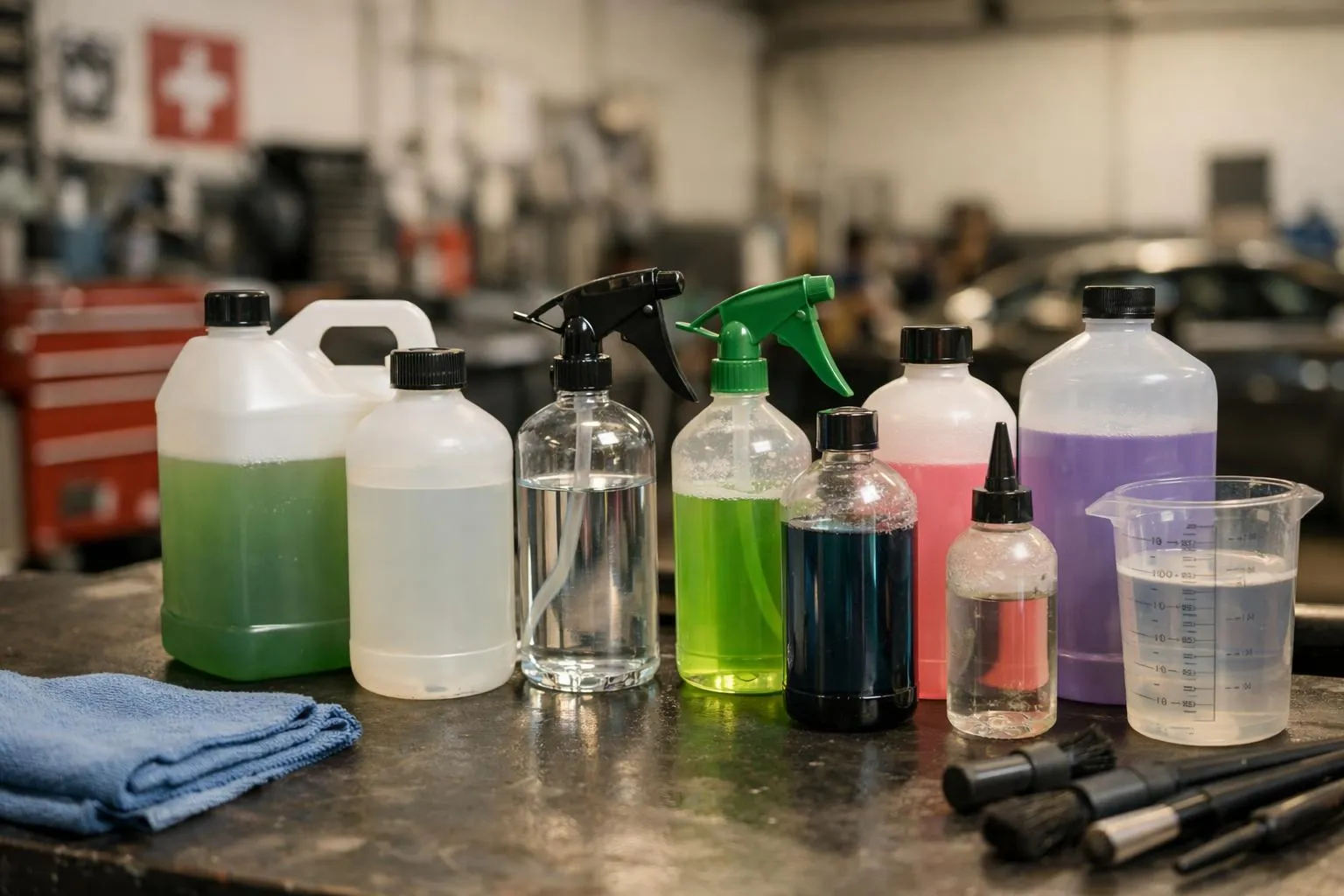 Assortiment de produits chimiques et d'outils de nettoyage dans un atelier.