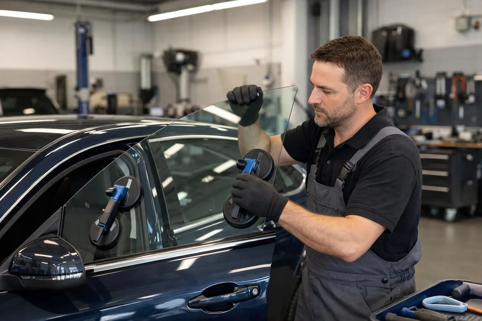 Professional automotive technician in modern Lausanne workshop carefully installing a new side window on a sedan, with specialized tools and equipment visible, focusing on precision and craftsmanship in a clean, well-lit facility