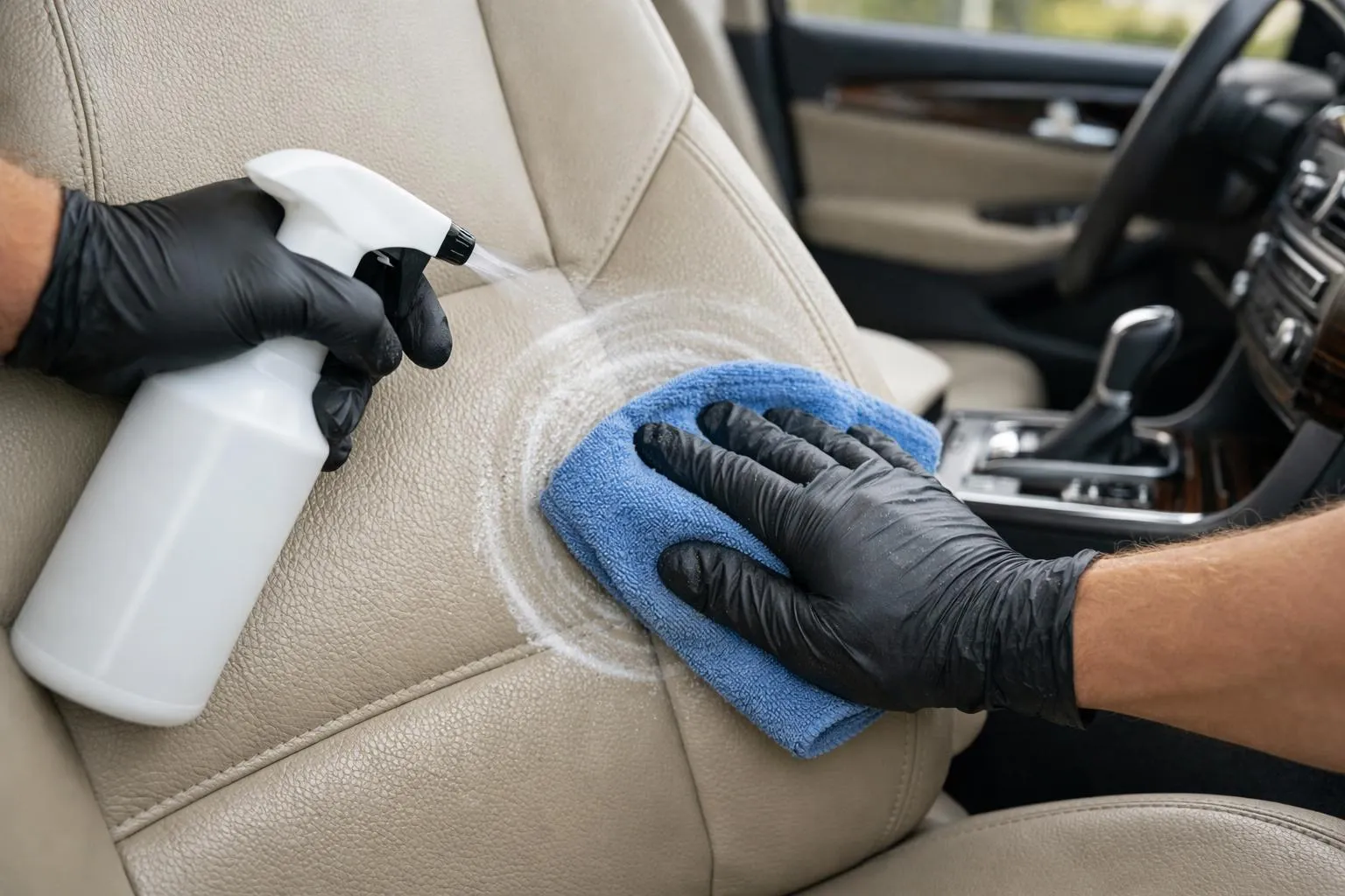 Close-up of hands wearing protective gloves applying specialized leather cleaner to a beige car seat with a soft microfiber cloth, circular motion visible, natural light showing texture of leather, car interior background slightly blurred, professional detailing setting