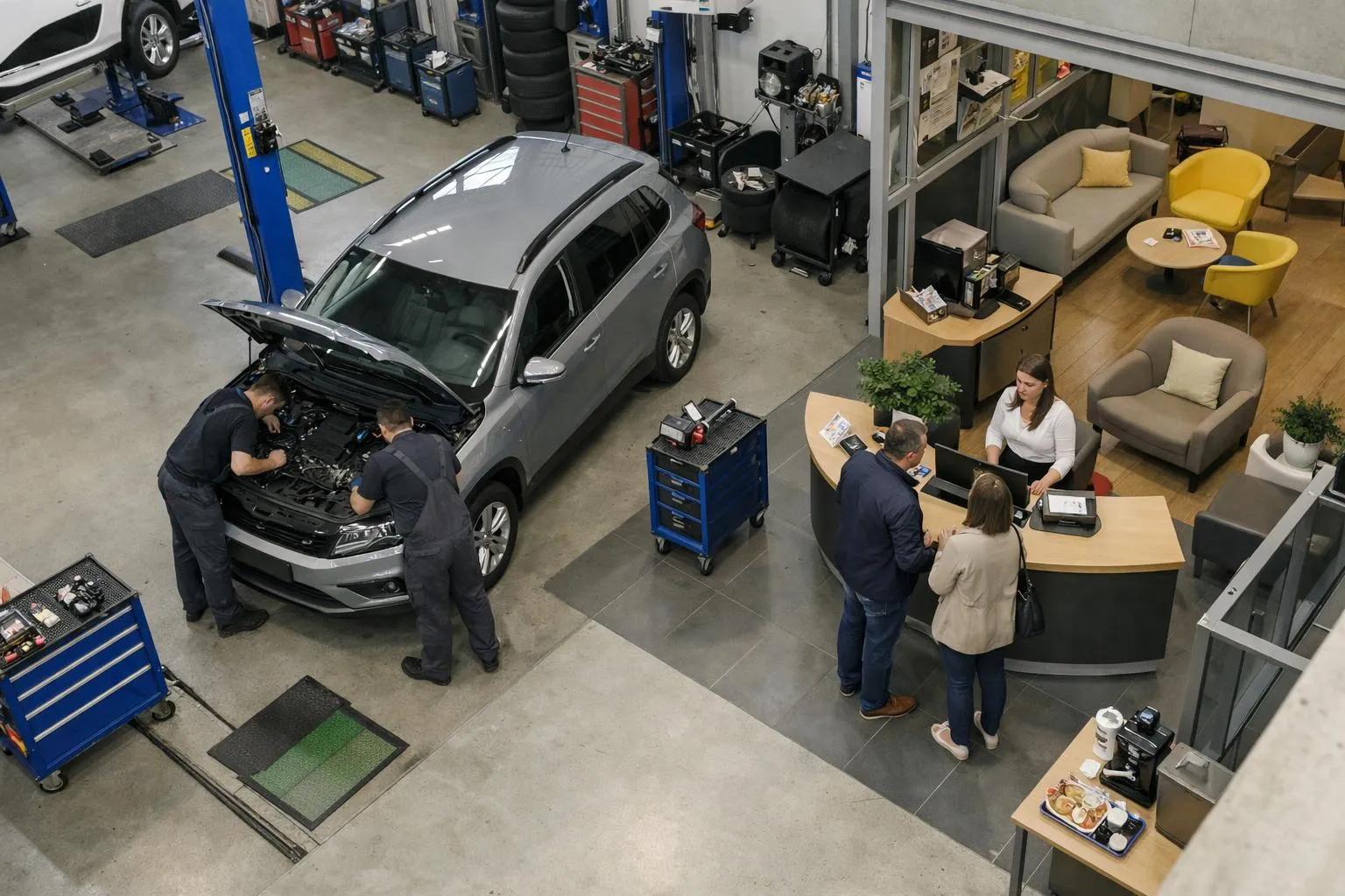Modern professional automotive service workshop in Romanel with technicians working on vehicle windshield and windows, clean organized Swiss garage interior with specialized equipment, welcoming customer service area