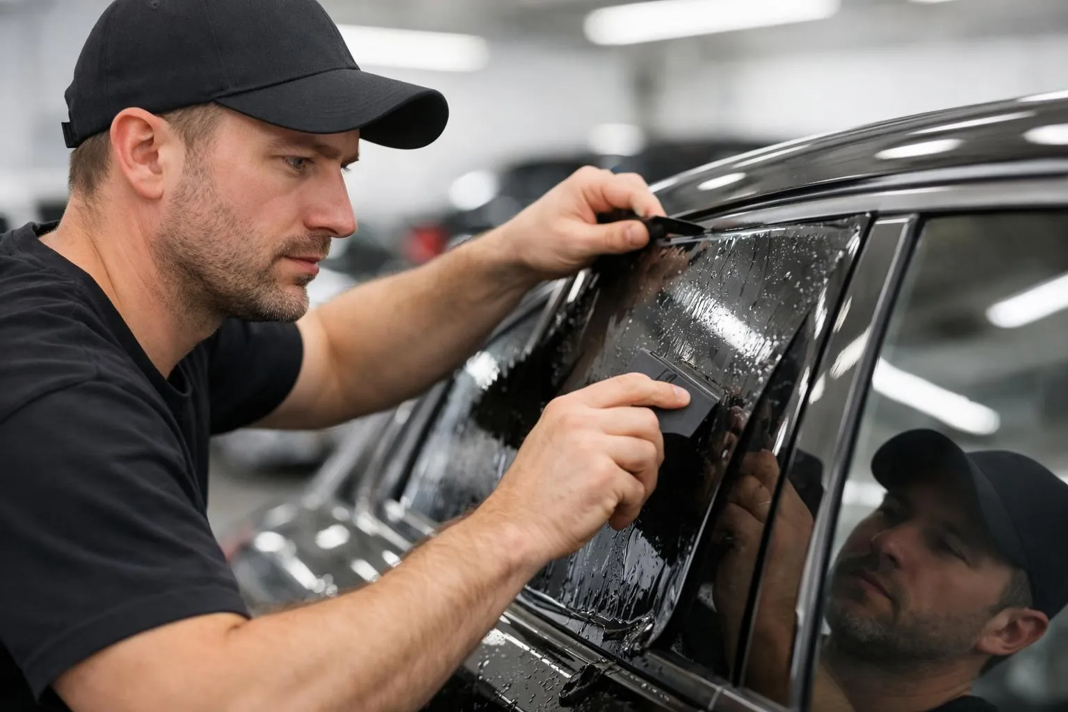 Vue en gros plan d'un installateur professionnel appliquant un film céramique de haute qualité sur la vitre latérale d'une voiture moderne dans un atelier propre et lumineux, l'outil de pose en main, avec en arrière-plan flou d'autres véhicules en attente de traitement, ambiance professionnelle et technique
