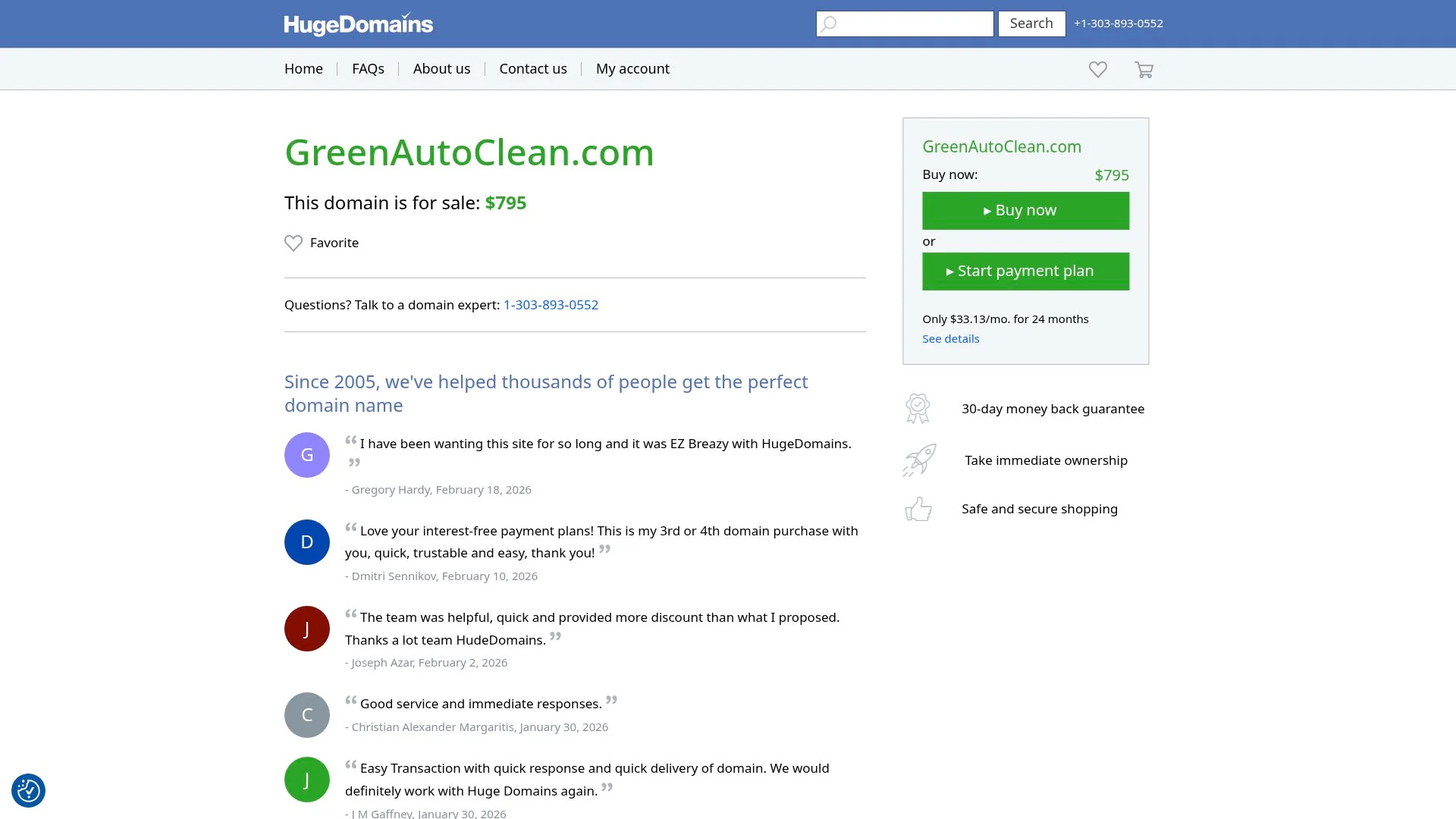 Domain name for sale: GreenAutoClean.com, offered at $795.