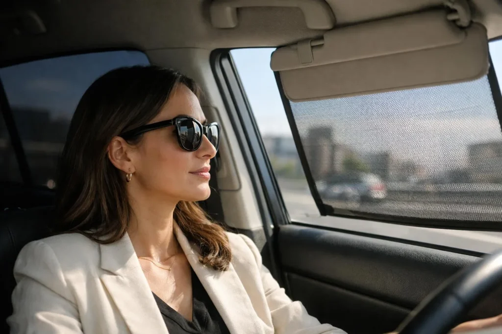 "Femme dans une voiture comparant vitres teintées et pare-soleil pour protection solaire."