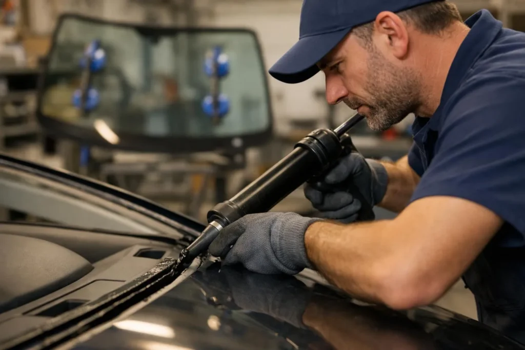 Changement pare-brise voiture en atelier de réparation
