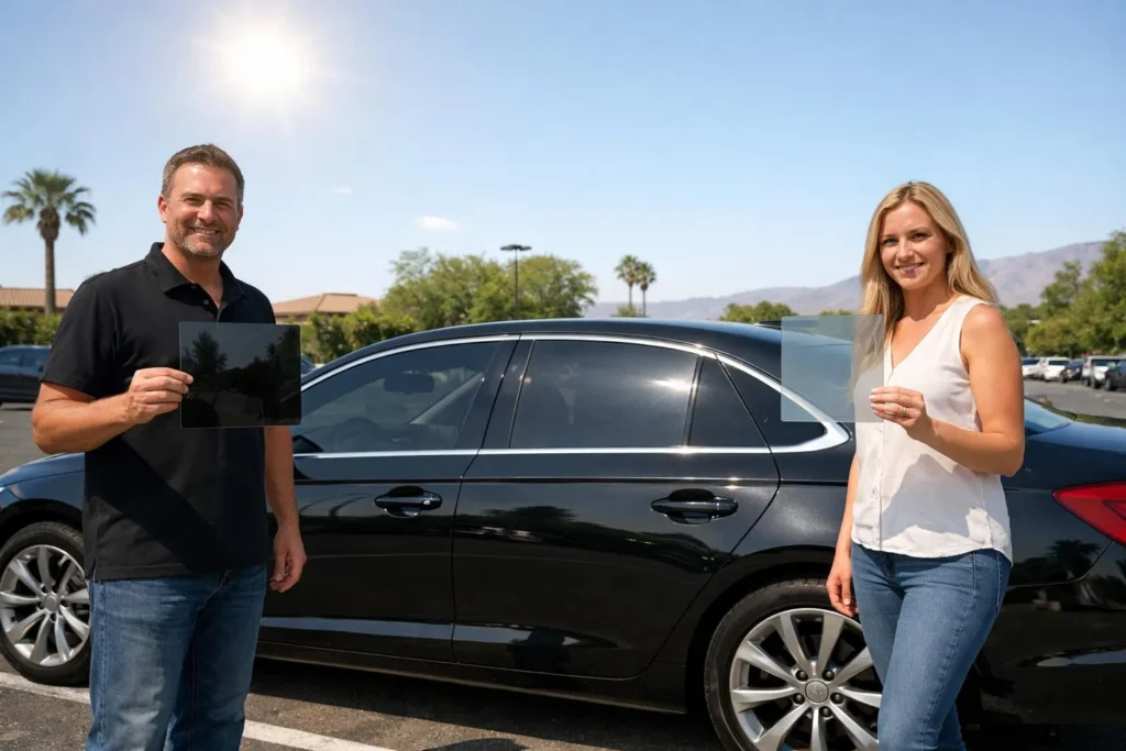 Comparaison de films solaires Llumar et SunTek sur une voiture, choix de protection solaire.