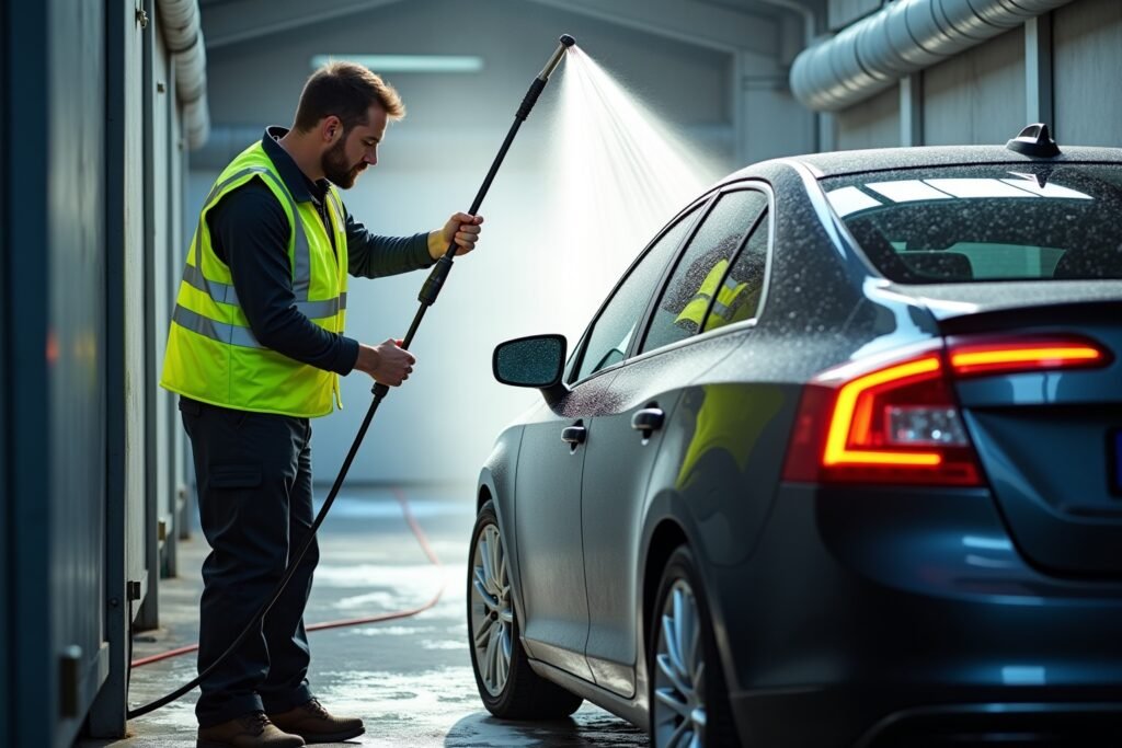 "Technicien de lave-auto professionnel à Lausanne inspectant un véhicule propre"