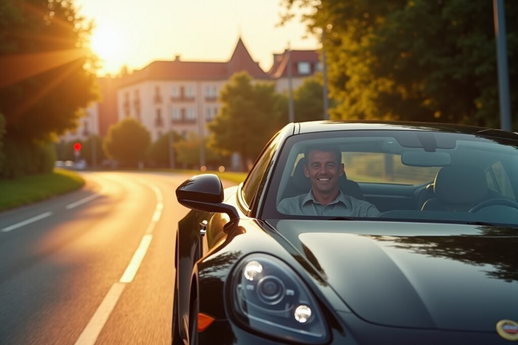 "Voiture sportive avec vitres teintées à Lausanne, conduite détendue sur route sinueuse."