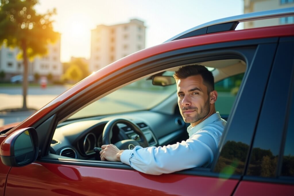 Protection solaire vitres voiture, conducteur confortable à l'intérieur d'une voiture garée avec des vitres teintées.