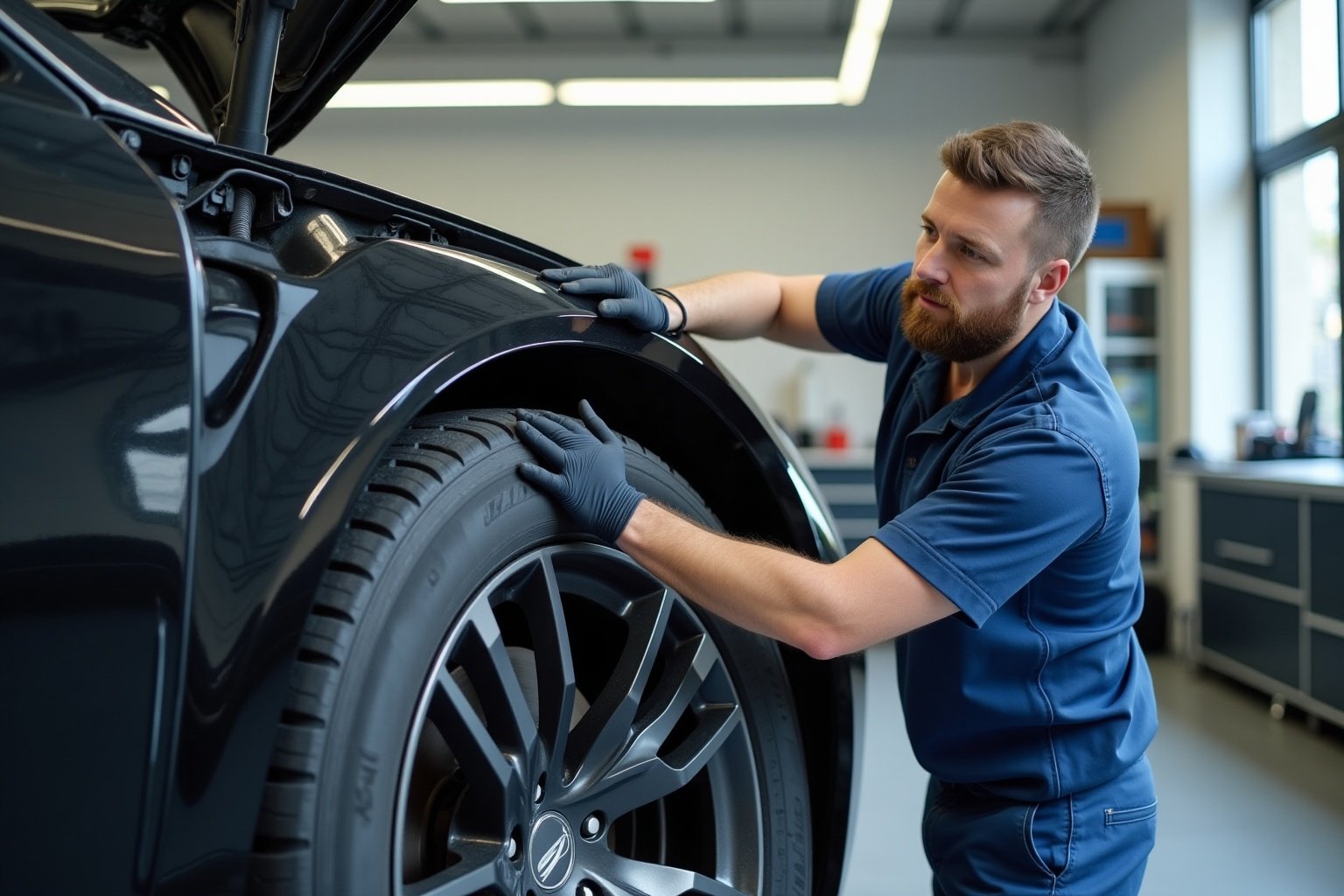 Mécanicien automobile vérifiant et remplaçant un pneu de voiture dans un atelier.