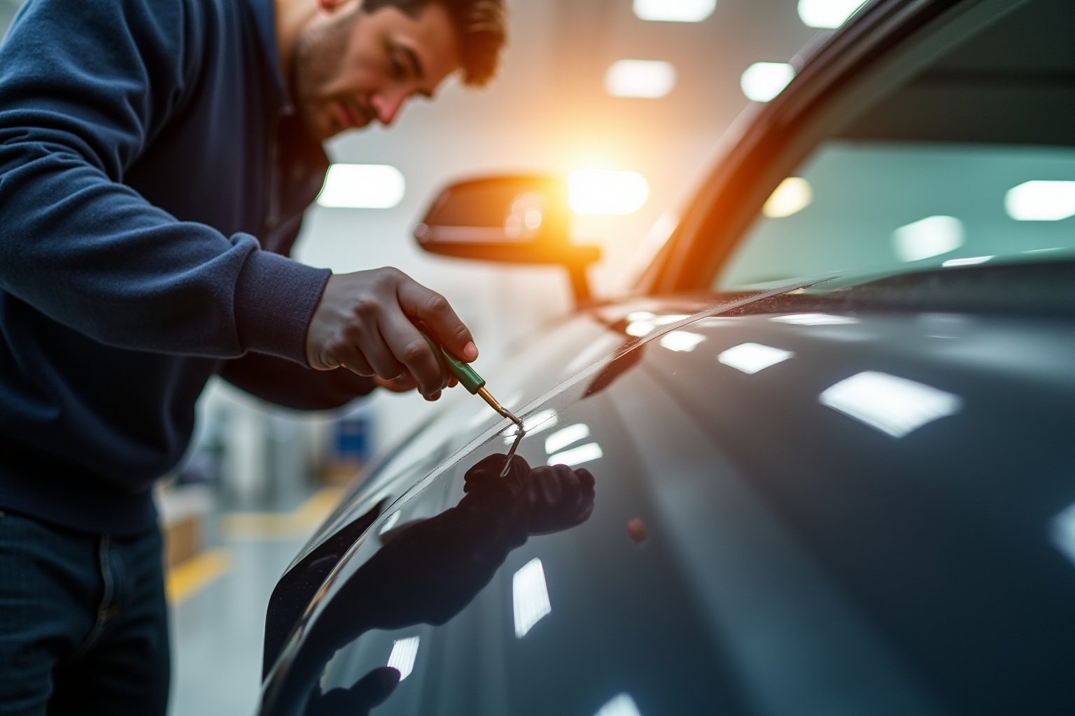 Homme en costume réparant le capot d'une voiture.