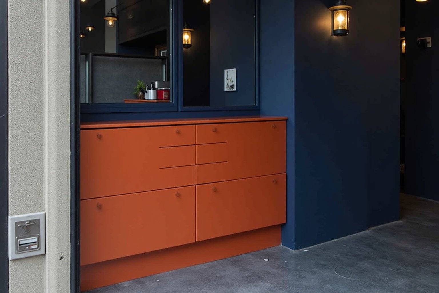 Meuble de rangement orange vif dans un intérieur sombre.