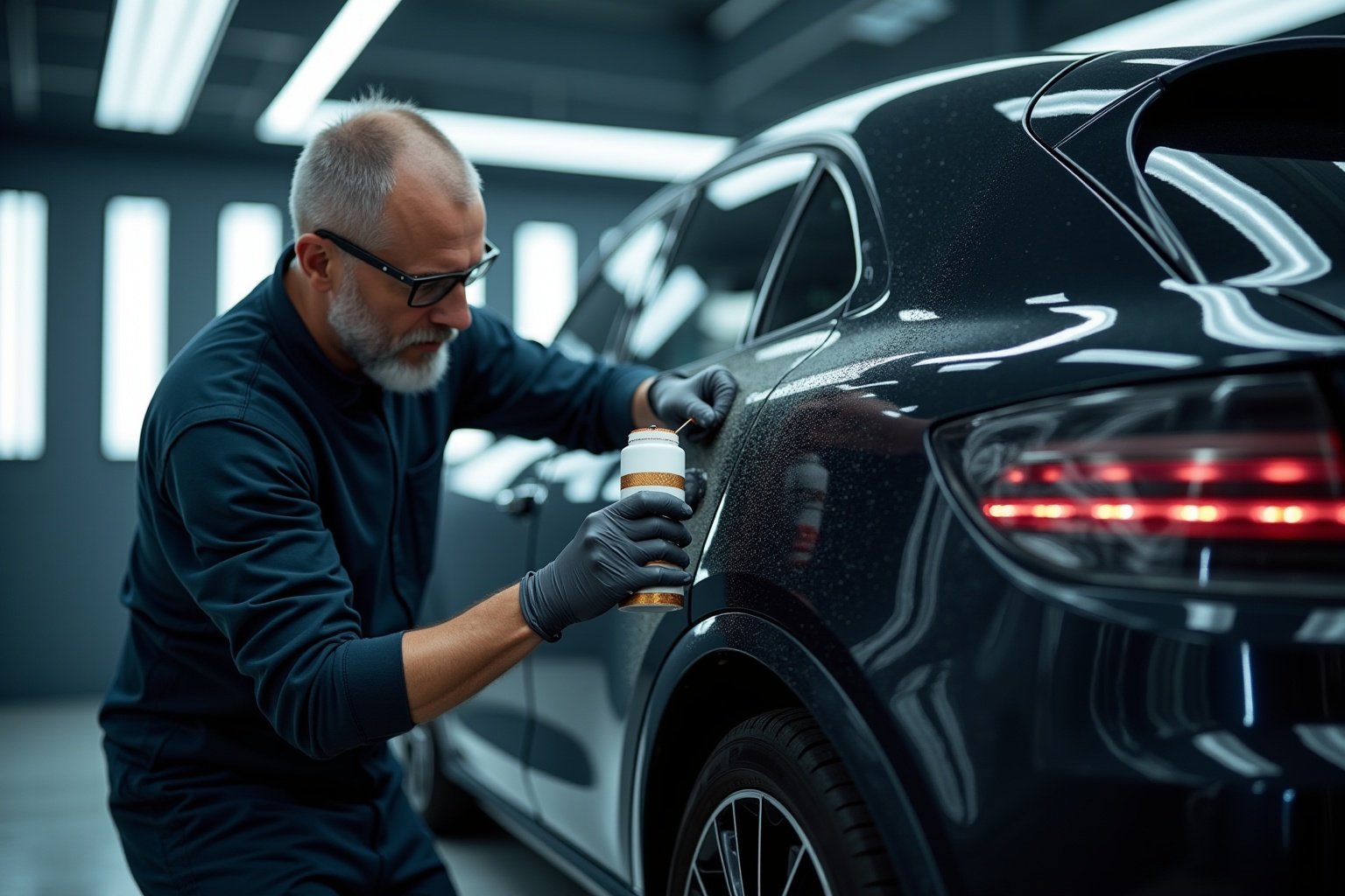 Homme barbu appliquant un produit de protection sur une voiture noire.