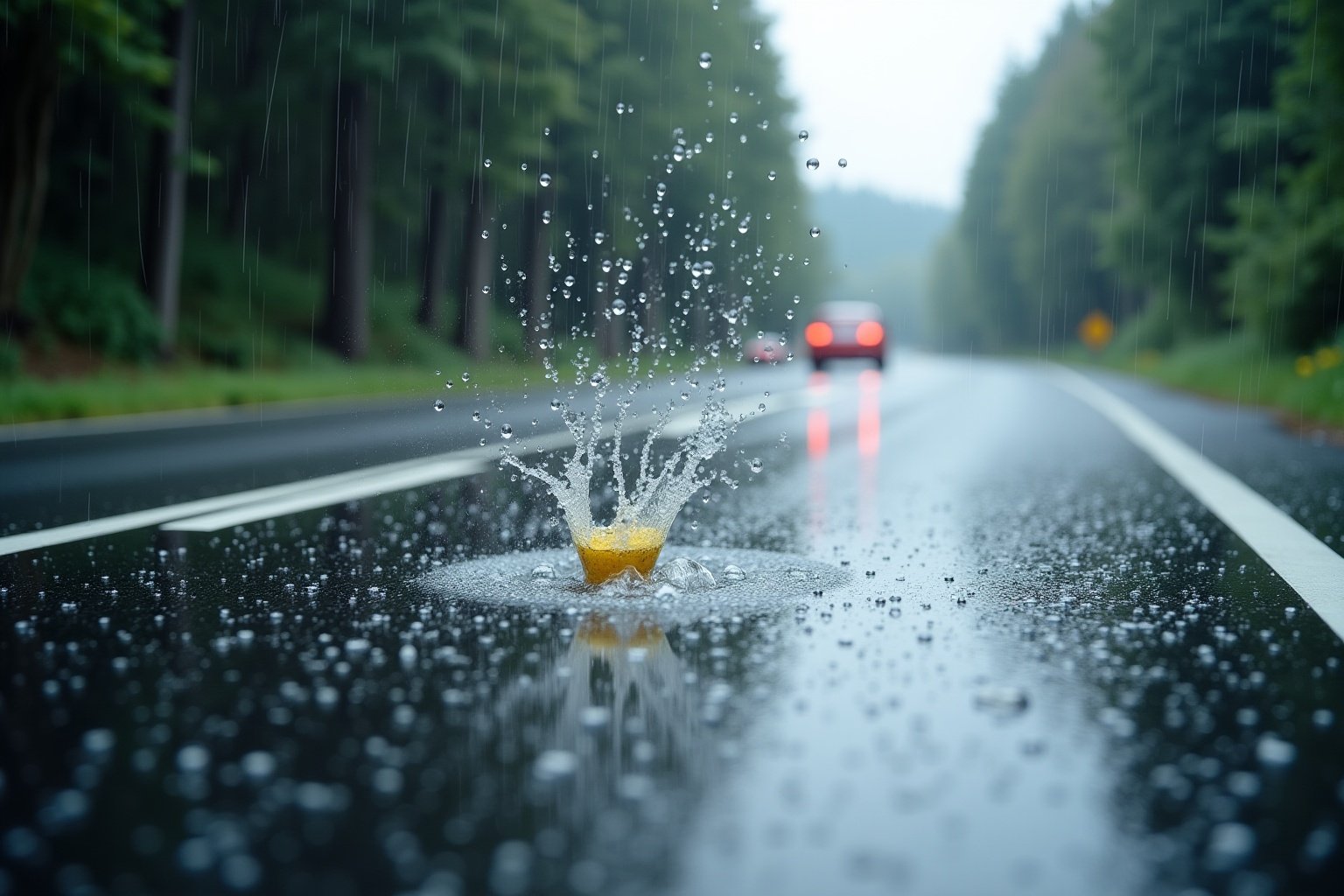 Gouttes de pluie éclaboussant sur la route forestière mouillée.