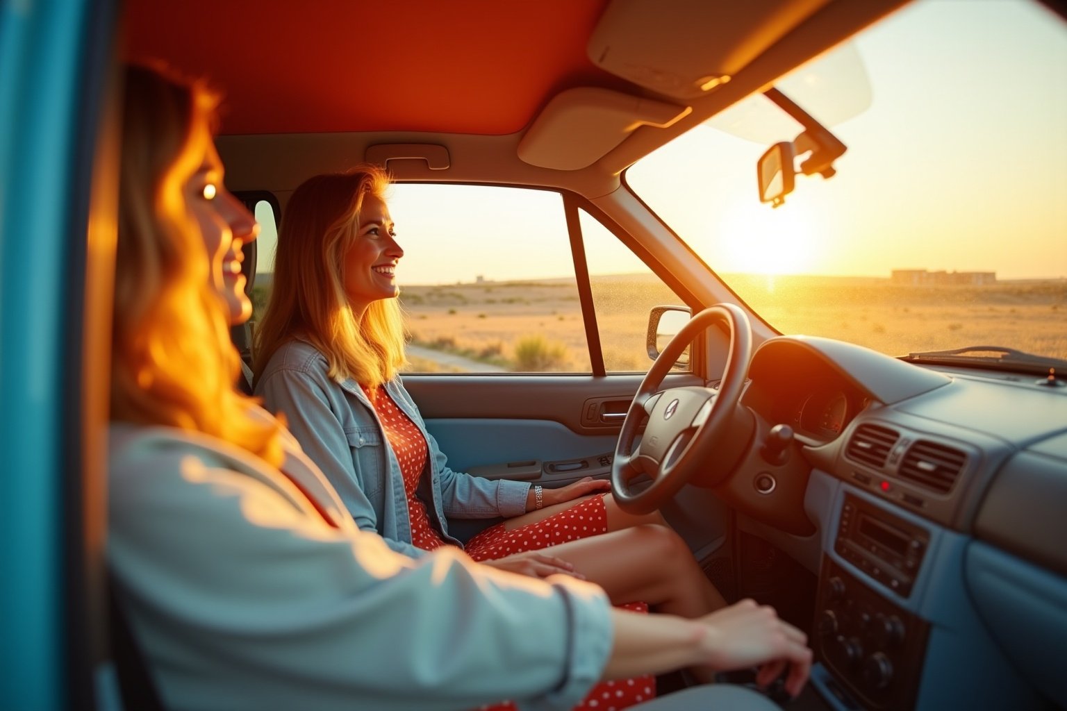 Femme souriante conduisant une voiture au coucher du soleil.