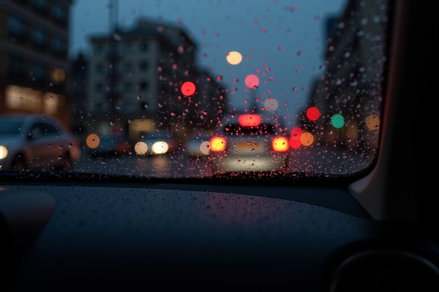 Gouttes de pluie sur une fenêtre avec des lumières floues à l'extérieur.