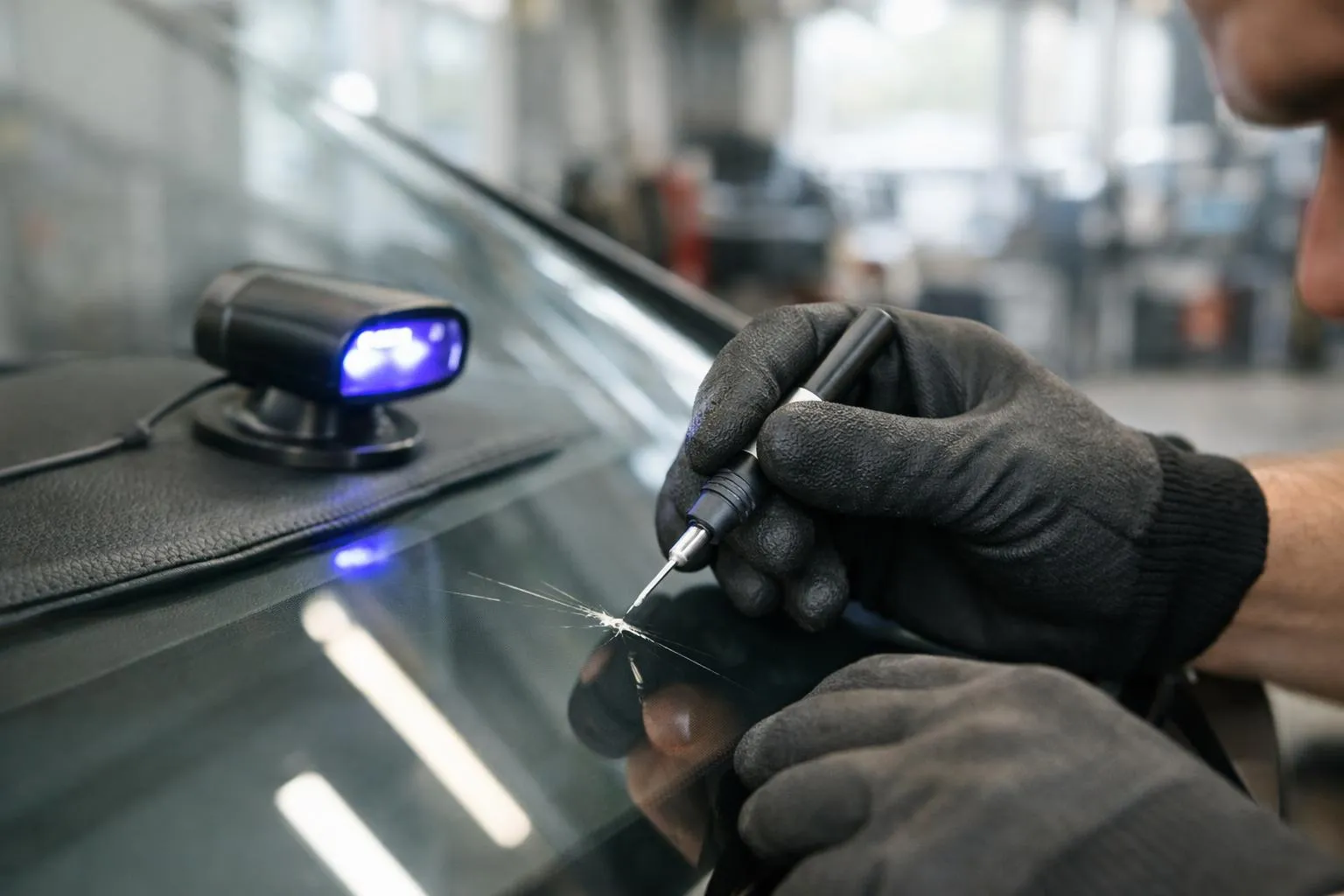 Réparation d'un pare-brise de voiture avec un outil spécialisé.