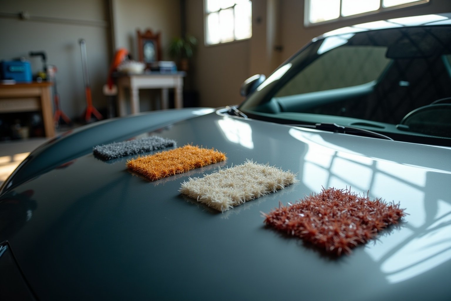 Brosses de nettoyage de voiture sur le capot d'un véhicule sombre.