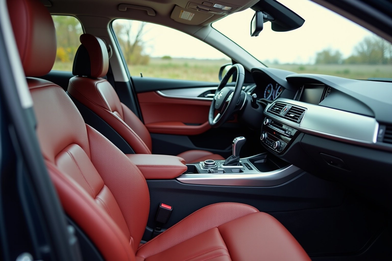 Intérieur de voiture de luxe avec sièges en cuir rouge.