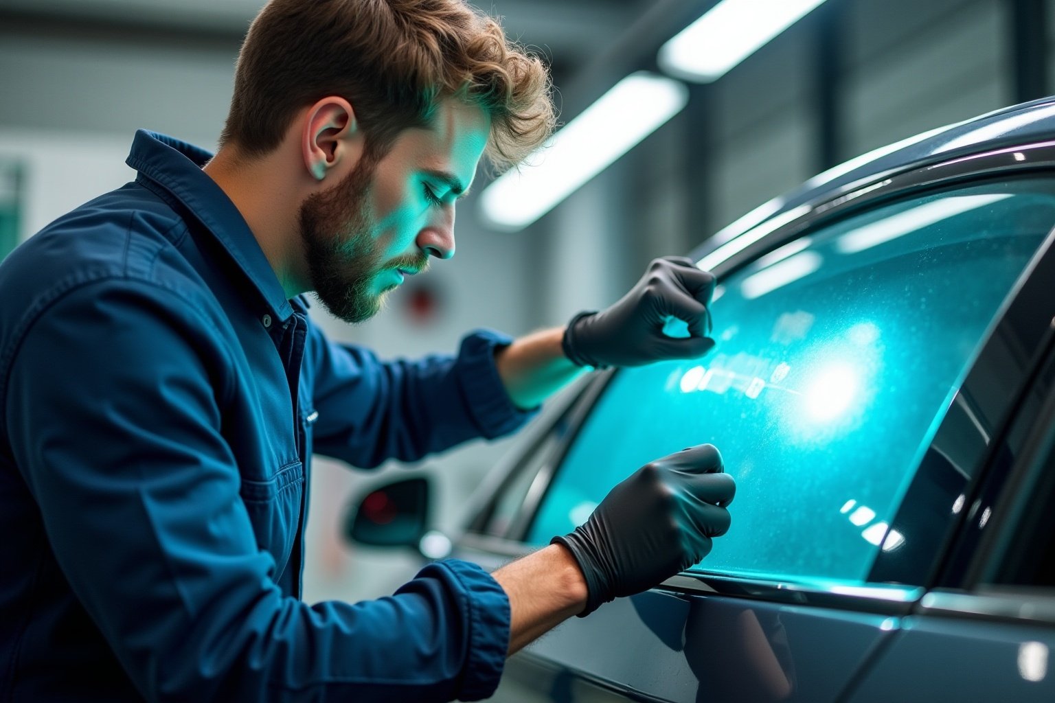 Homme en combinaison bleue réparant le capot d'une voiture.