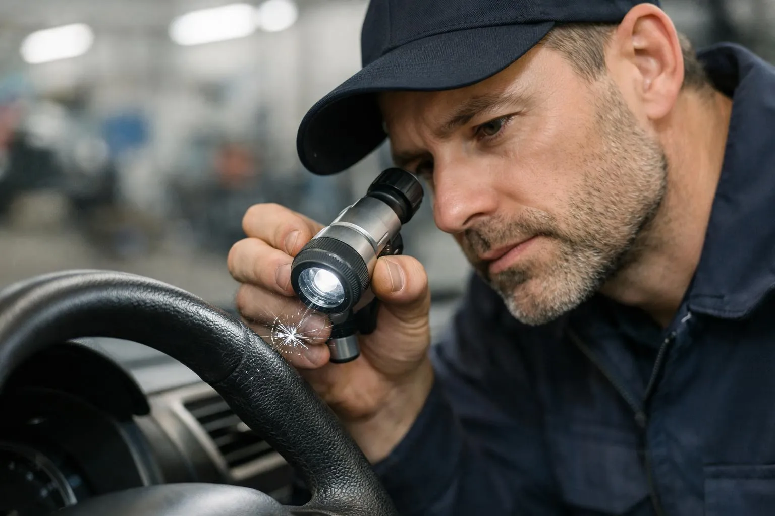 Homme examinant attentivement le volant de voiture avec une lampe de poche.