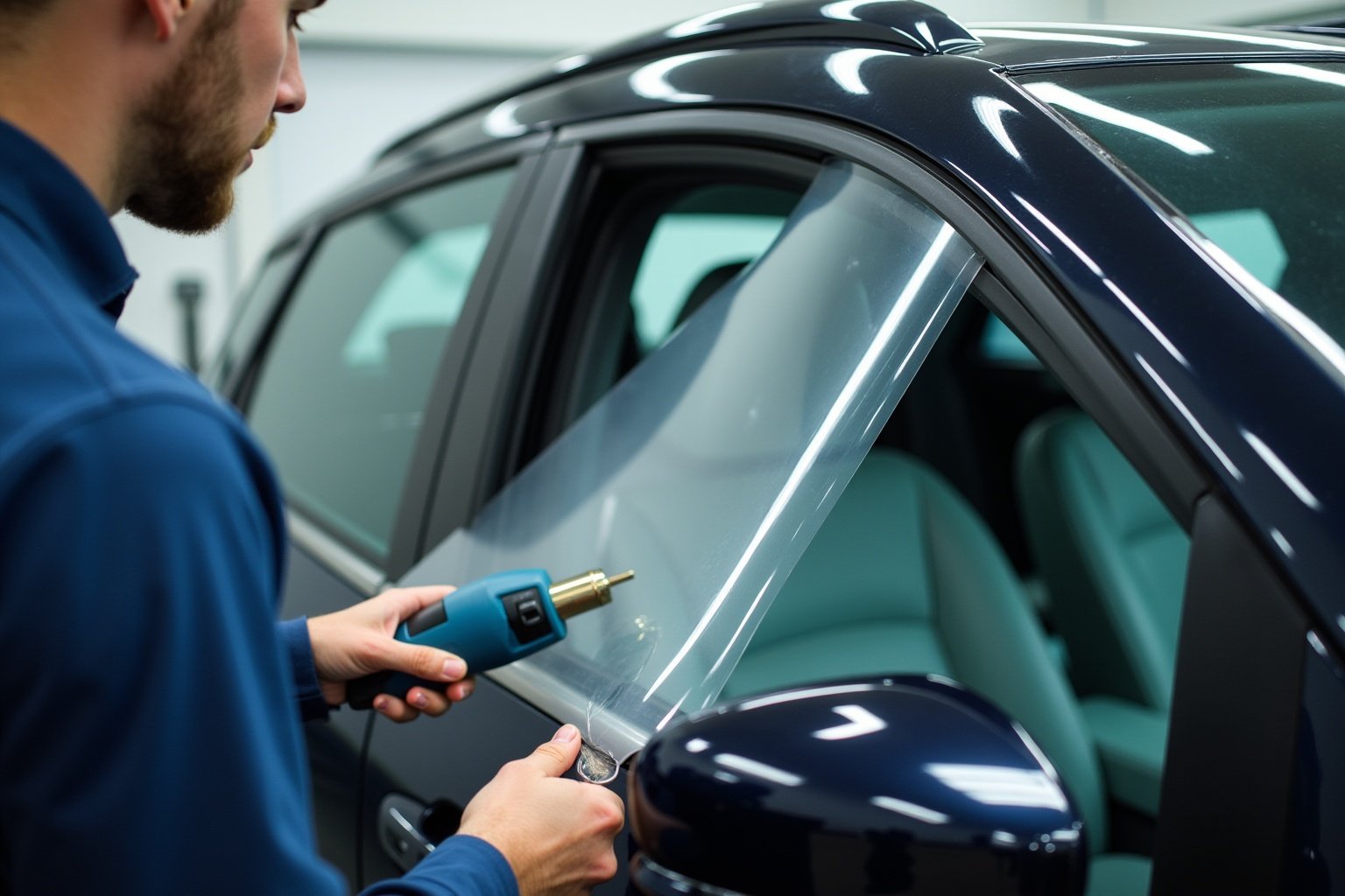 Homme appliquant un revêtement protecteur sur la carrosserie d'une voiture.