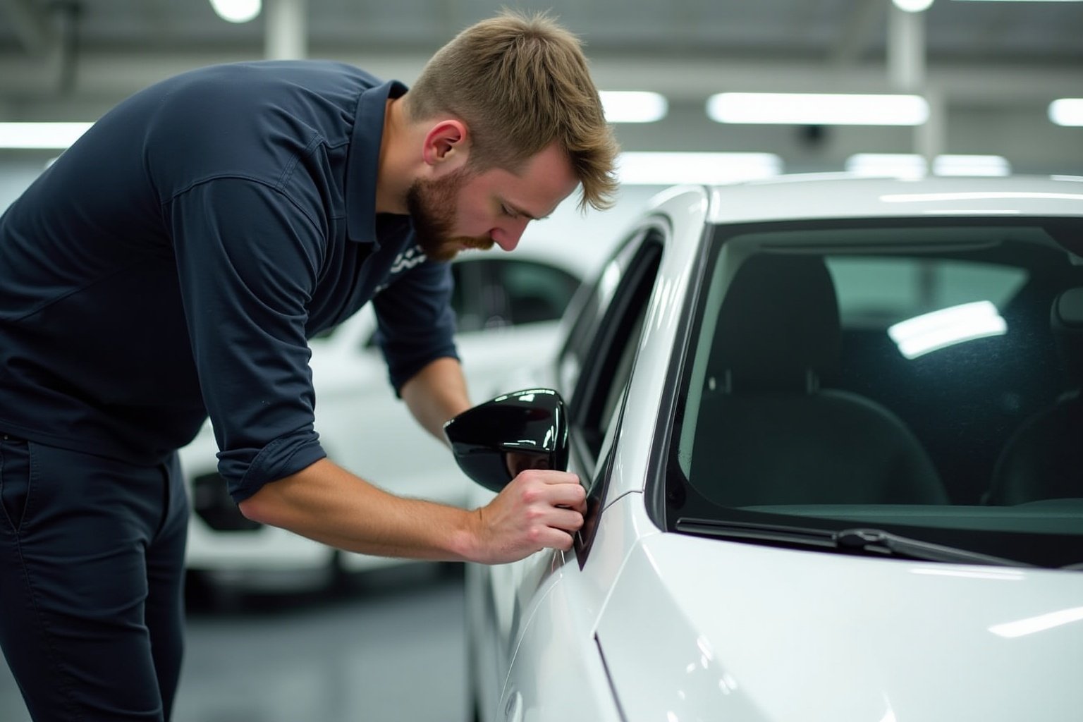 Homme en uniforme inspectant attentivement la carrosserie d'une voiture.