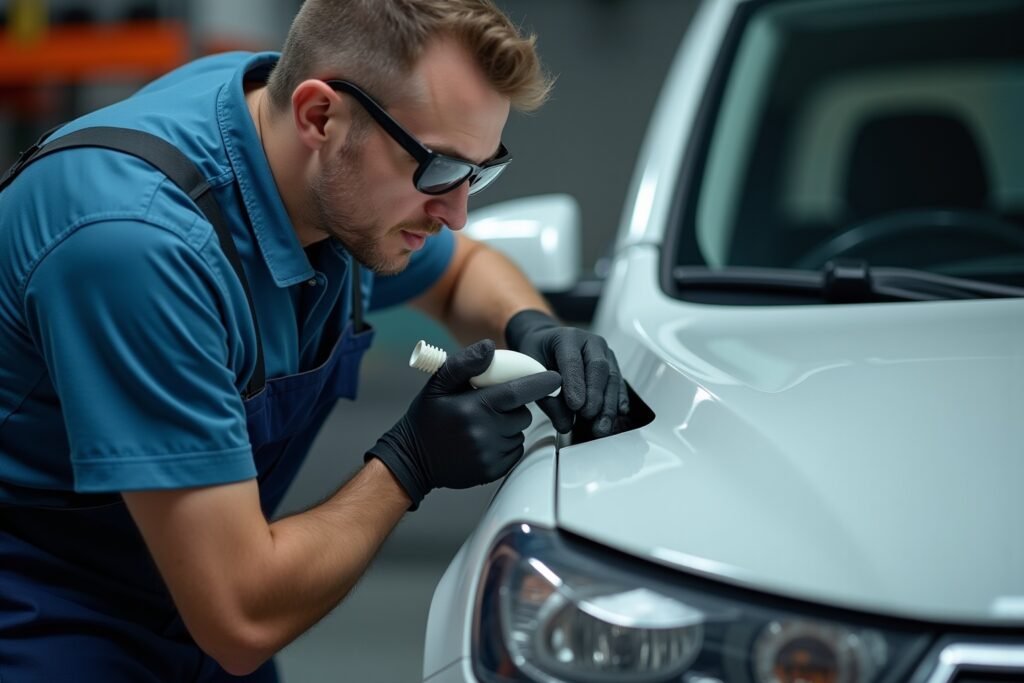 Réparation fissure pare-brise voiture par un technicien professionnel, injection de résine spéciale.