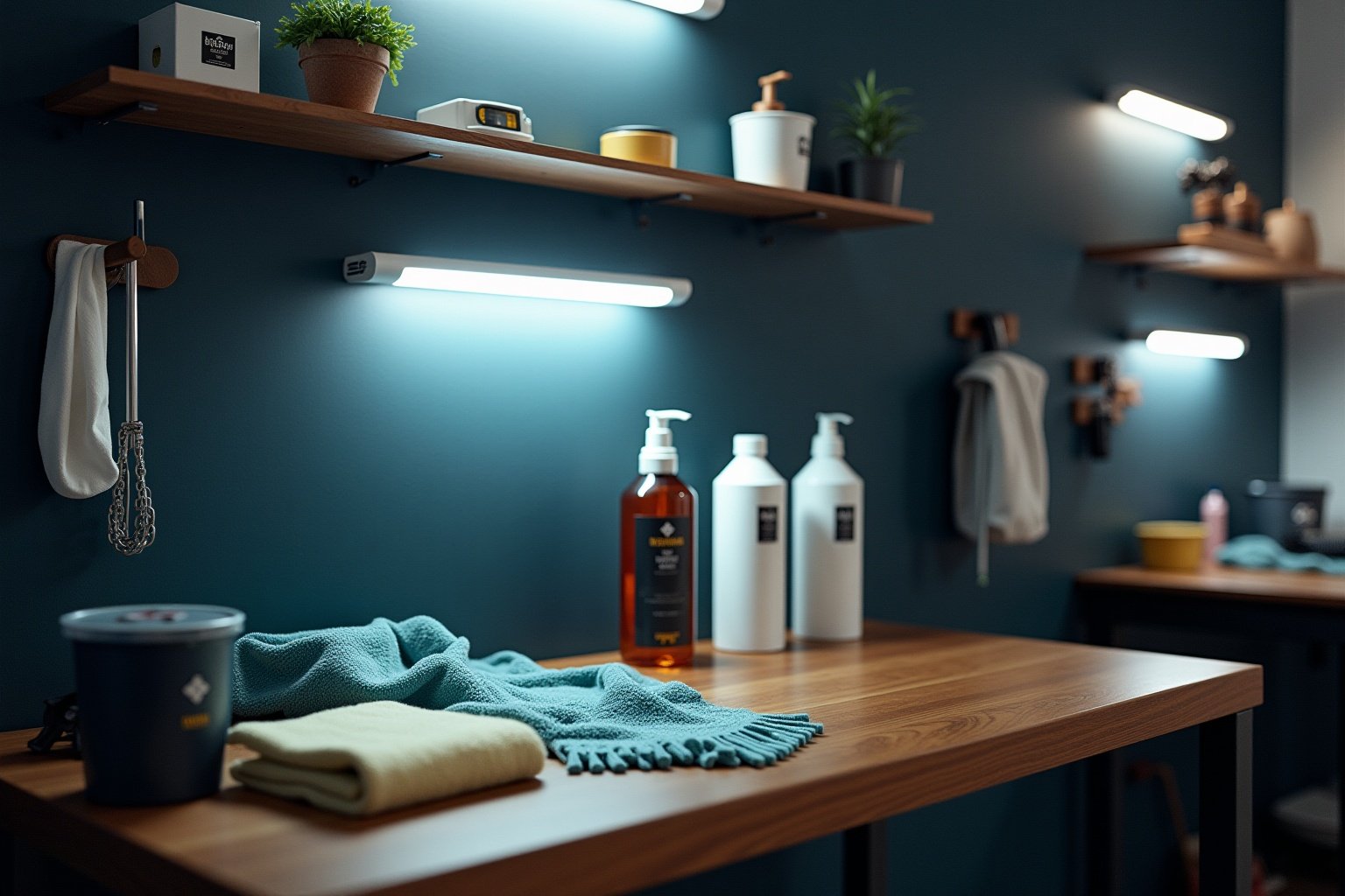 Étagères en bois avec produits de soins, serviettes et plantes décoratives.