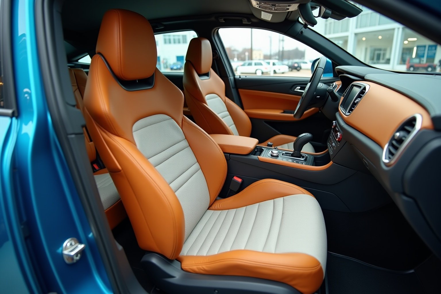 Intérieur de voiture avec sièges en cuir orange et blanc.