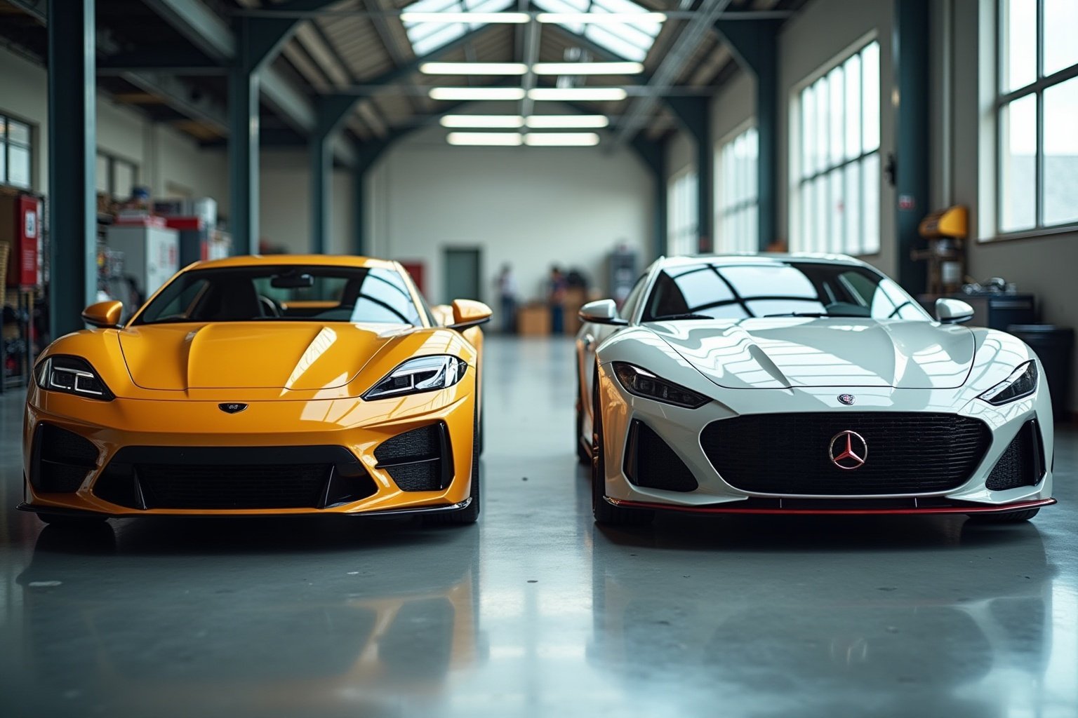 Deux voitures de sport de luxe dans un garage.