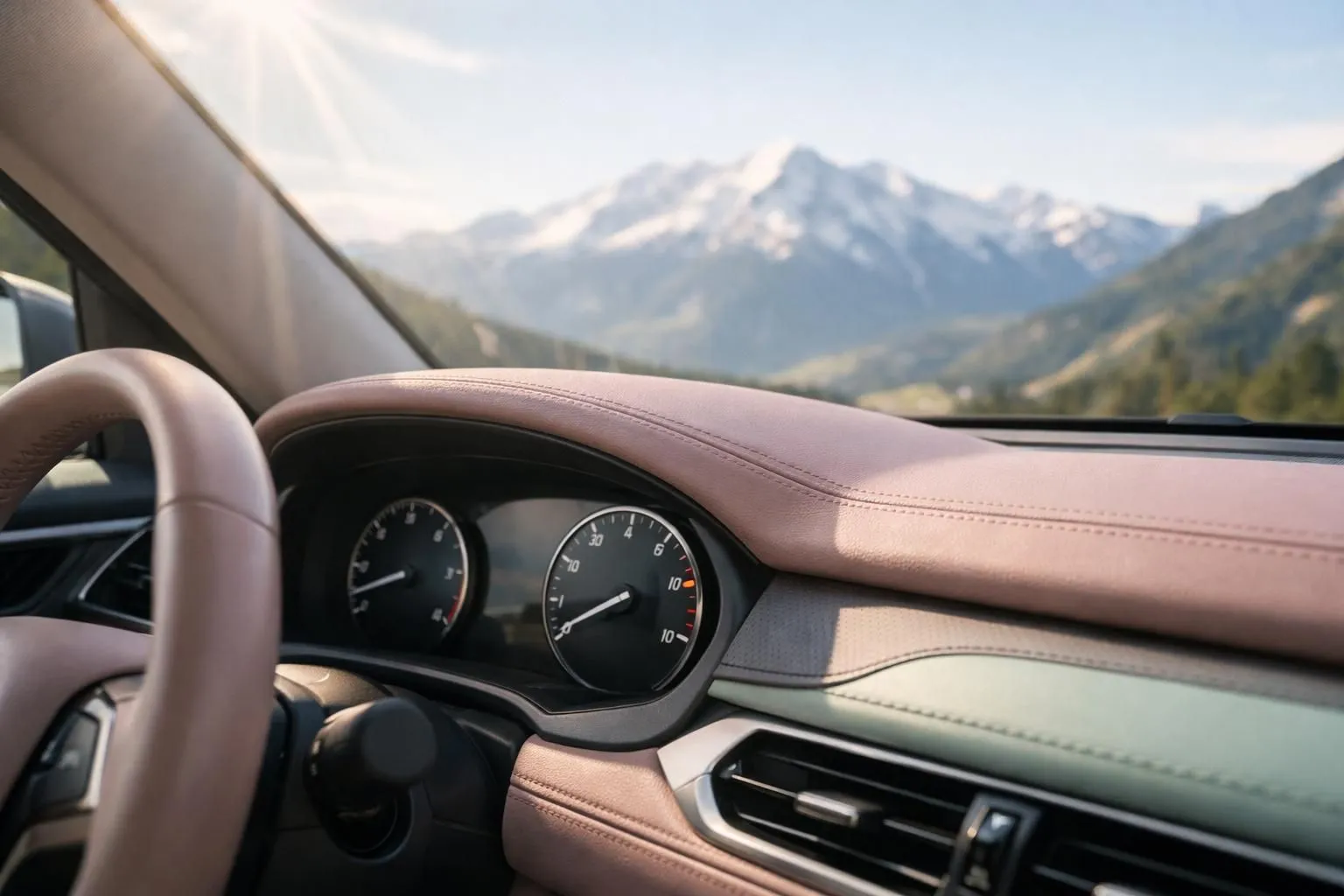 Intérieur de voiture avec tableau de bord, fenêtre teintée bloquant les rayons du soleil, sièges en cuir confortables, jauge de température modérée, paysage montagneux suisse visible par le pare-brise, environnement automobile professionnel.
