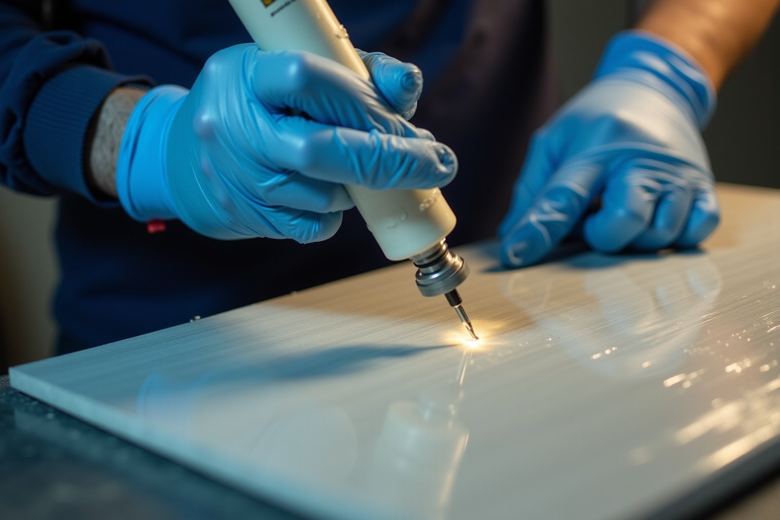 Mains gantées effectuant un travail de précision sur une surface en verre.