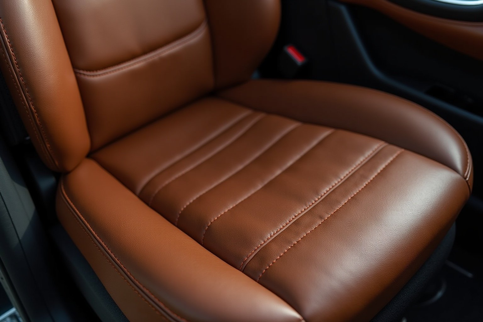 Siège de voiture en cuir brun avec motif rayé.