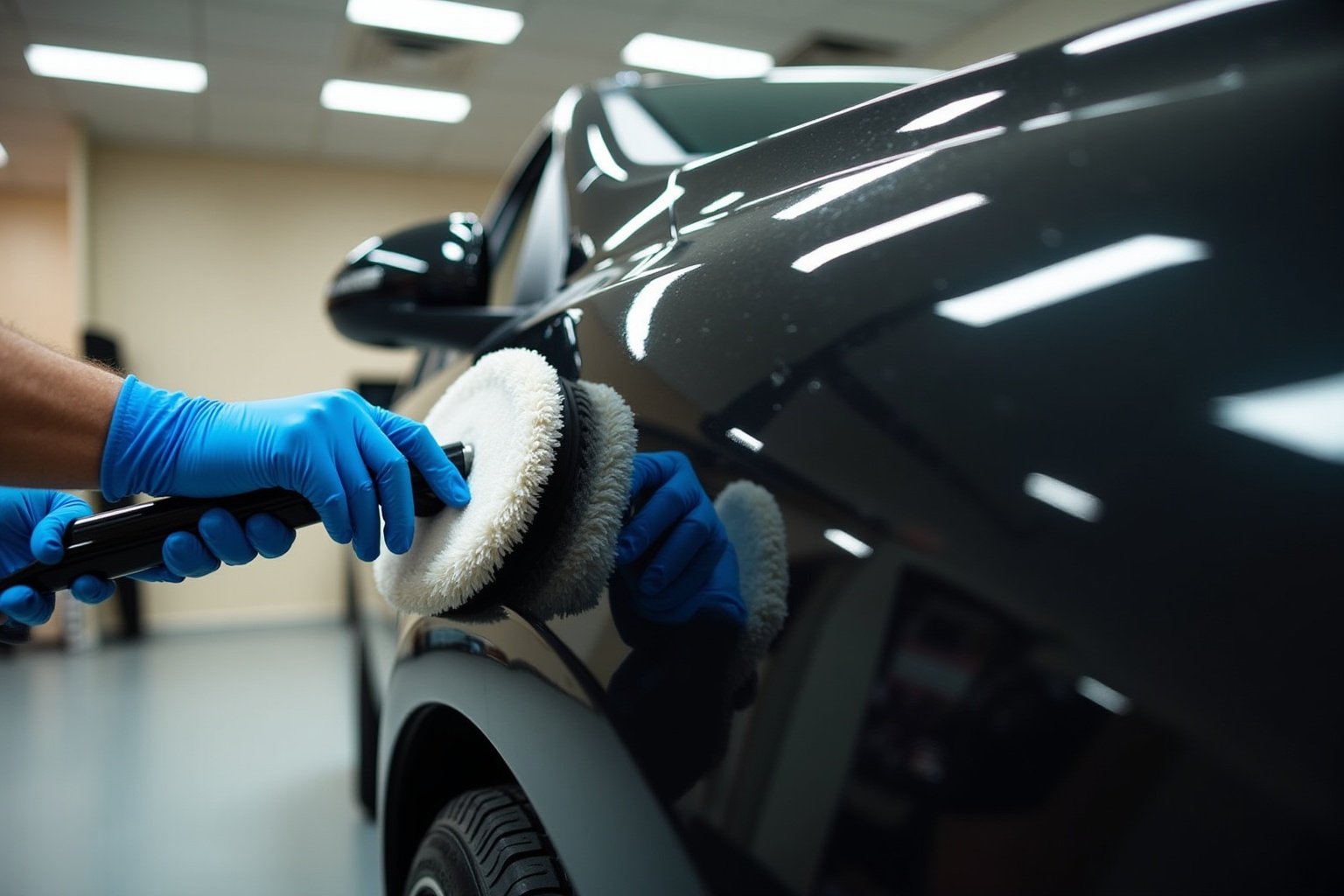 Gants bleus polissant une voiture noire dans un garage.