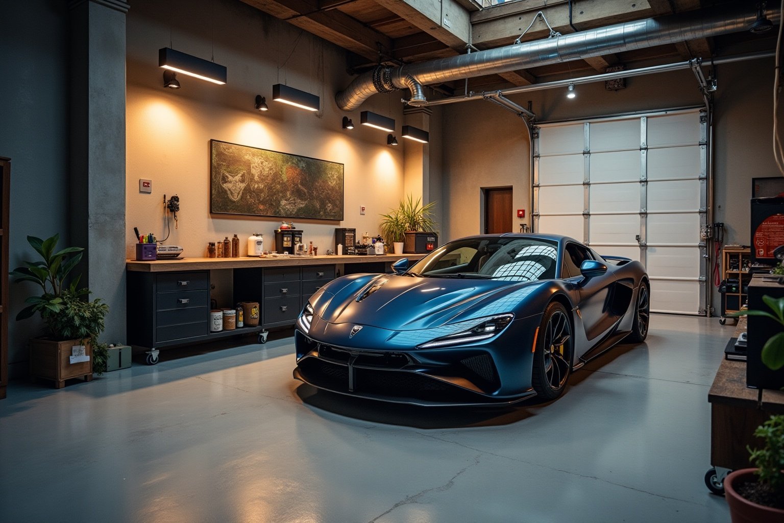 Voiture de sport McLaren bleue dans un garage moderne et lumineux.